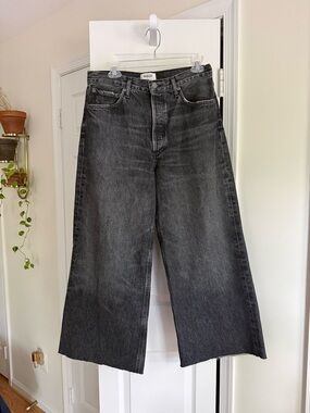AGOLDE Dame Wide Leg Jean Black Washed Cropped Raw Hem Size 29 26.5" Inseam